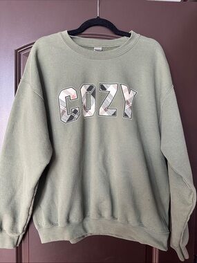 Gildan Olive Green 'COZY' Graphic Crewneck Sweatshirt